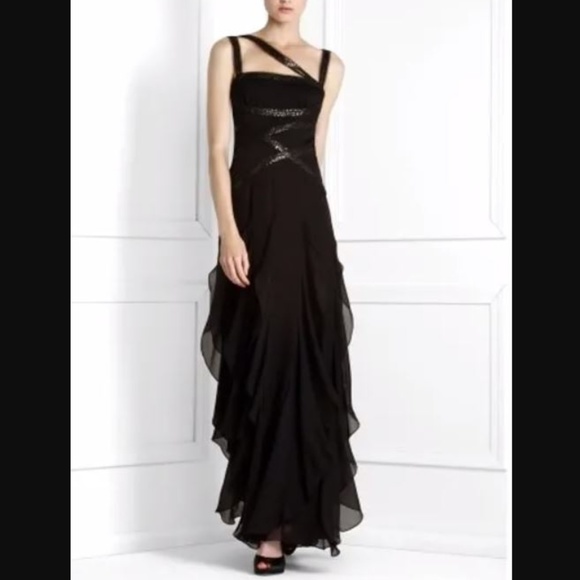 BCBGMaxAzria Sequin Ruffled Black Silk Gown NWT - Picture 2 of 8